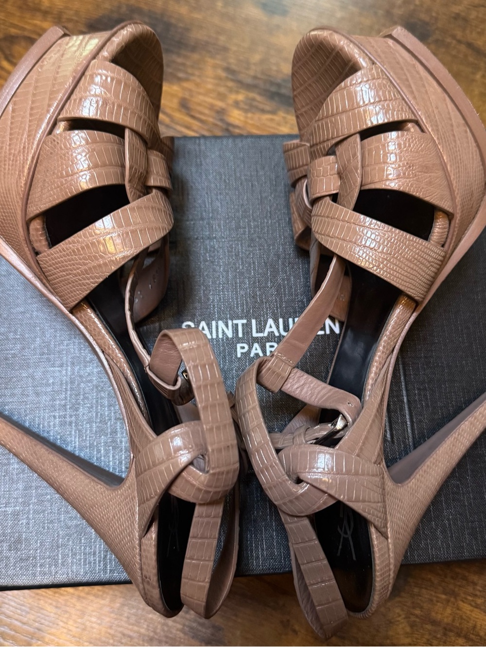 Saint Laurent Tan Croc-Embossed Leather T-Strap Sandals - Picture 6 of 16